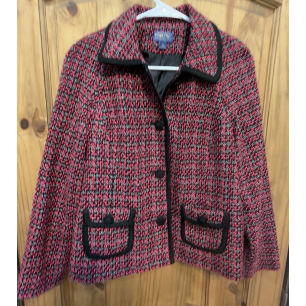 Pendleton Womens 12 Petite Red Black Boucle Tweed Jacket Blazer Chanel Style
